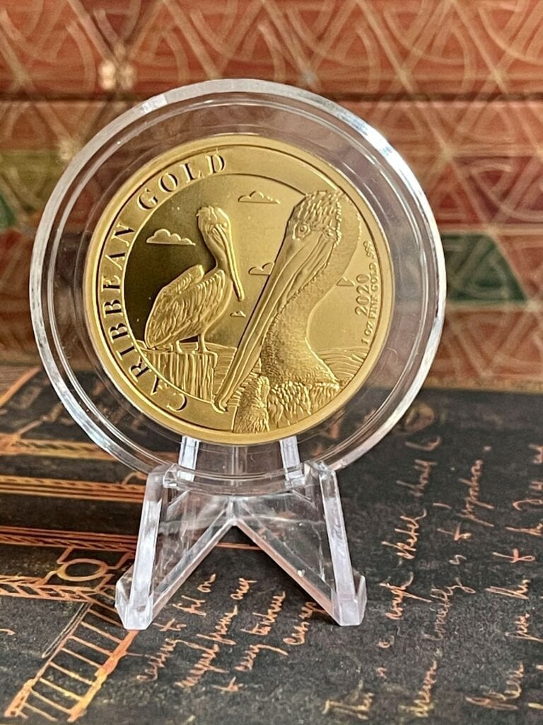 Золотая монета Барбадосский пеликан 2020 года, 1 унция, реверс