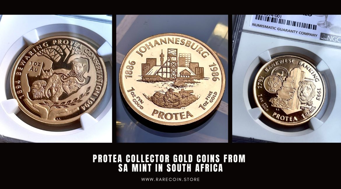 Коллекционные монеты Protea из золота и серебра из Монетного двора ЮАР в Южной Африке