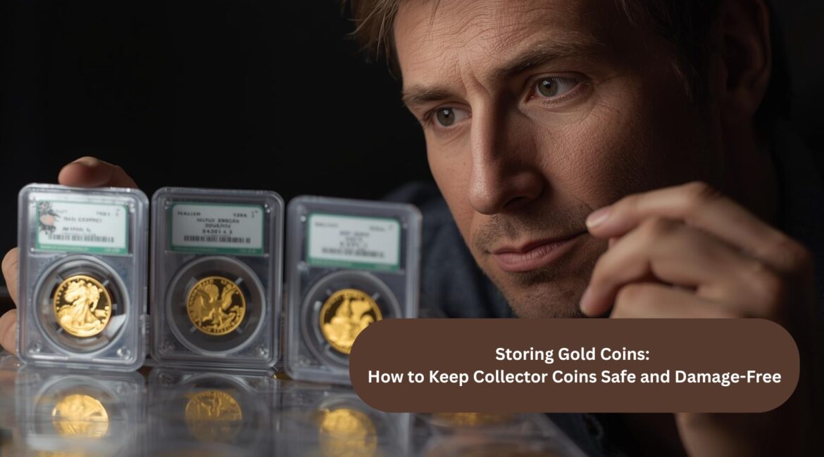 Nahaufnahme eines Sammlers, der mehrere zertifizierte Goldmünzen in Slabs betrachtet, zudem mit reflektierender Oberfläche und eingeblendeter Überschrift zum sicheren Aufbewahren.