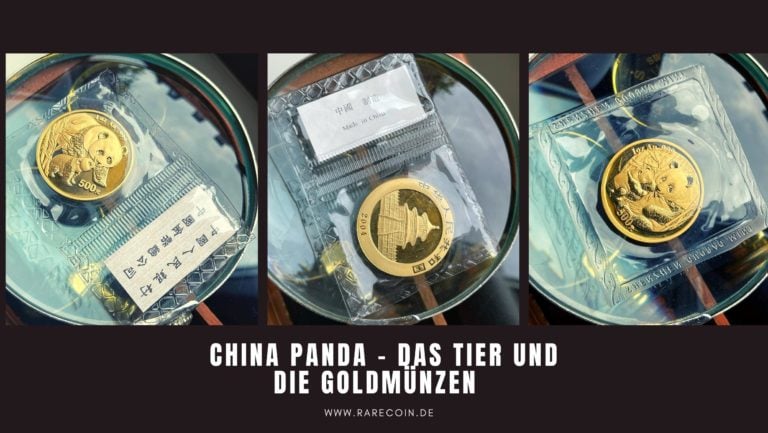 Image montage with three close-up shots of a Chinese gold coin “China Panda” (2004, 500 Yuan) in its original foil packaging, featuring a panda motif and a temple motif, including the title “China Panda - the animal and the gold coins” (www.rarecoin.de).