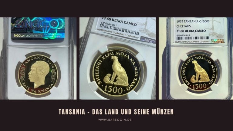 Gold coins from Tanzania with NGC certification, including a commemorative coin with the portrait of the president and an issue with a cheetah motif and the value of 1500 Shilingi.