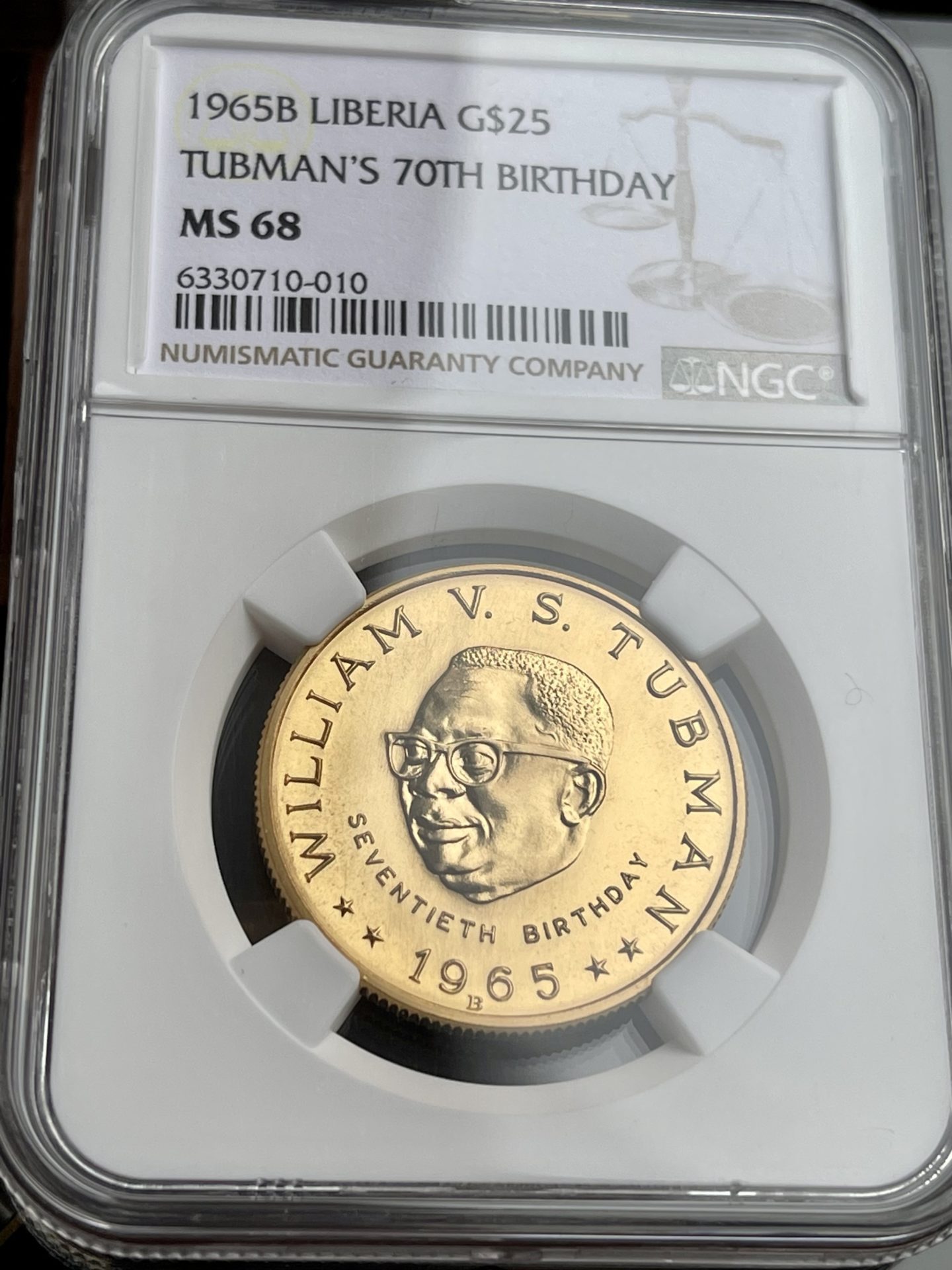 Либерия — золото за 25 долларов — 1965 B — Табман — 70 лет со дня рождения — MGC MS68