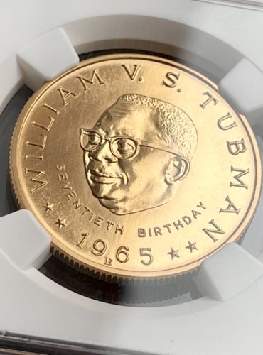 利比里亚 – 25 美元 黄金 – 1965 B – 塔布曼 – 70 岁生日 – MGC MS68