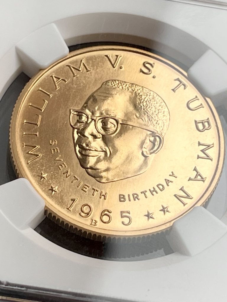 利比里亚 – 25 美元 黄金 – 1965 B – 塔布曼 – 70 岁生日 – MGC MS68
