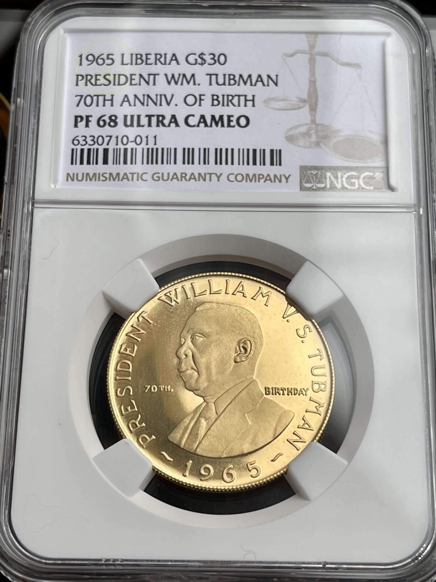 Liberia - $30 oro - 1965 - Tubman - 70 cumpleaños - MGC PF68 Ultra Cameo