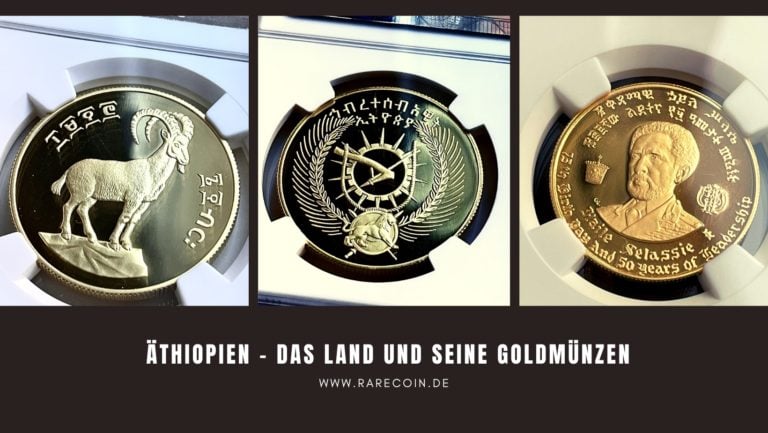 Monete d'oro etiopi con motivi animali, lo stemma di stato e un ritratto dell'imperatore Hailé Selassié.