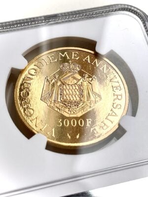Mónaco, 3000 francos, 1974, Príncipe Rainiero, 25.º aniversario del gobierno, NGC, Pf63, Ultra Cameo_6 Mónaco 3000 francos 1974 Príncipe Rainiero 25º aniversario del gobierno ngc pf63
