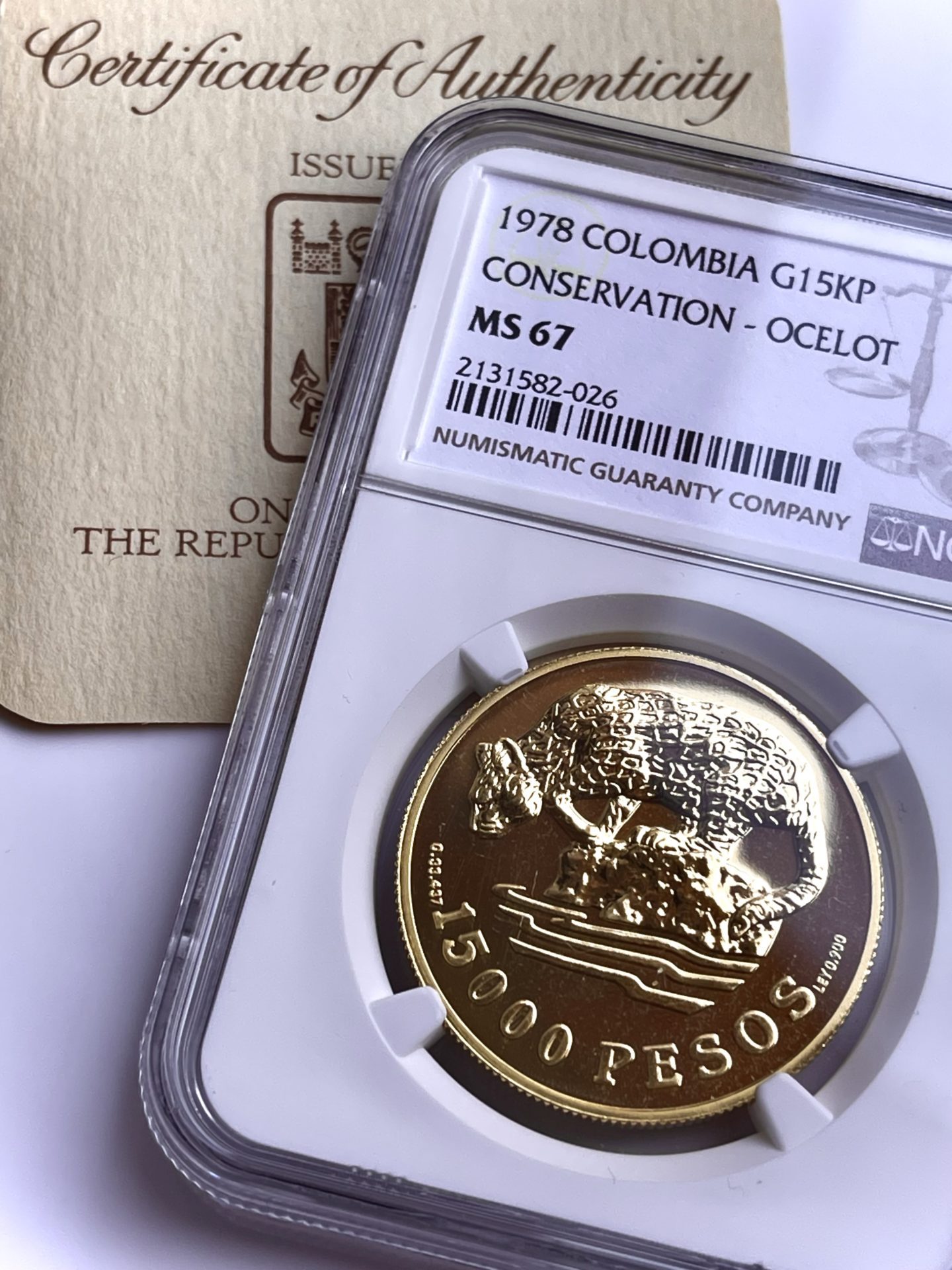 Colombia 1978 15000 Pesos Conservation Ocelot NGC MS67