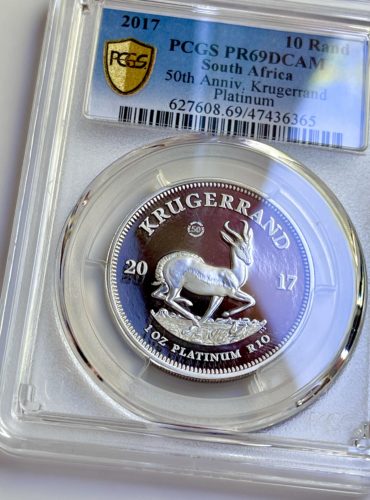 Платина Крюгерранд 1 унция 2017 г., 50-летняя марка монетного двора. PCGS PR69 DCAM