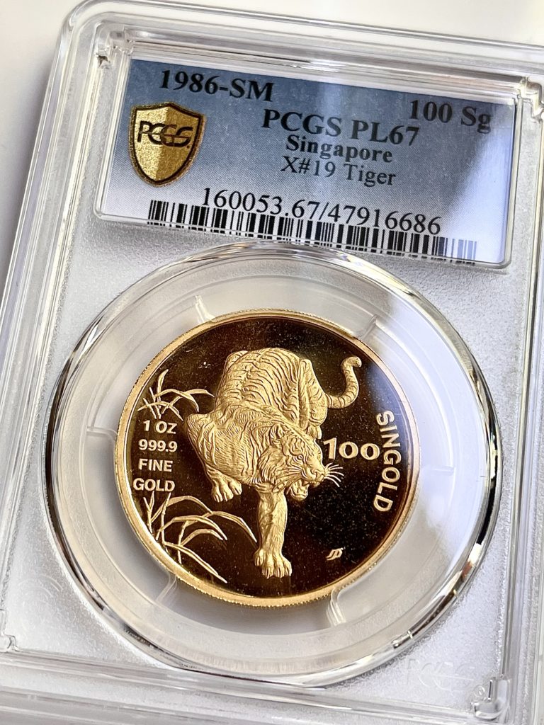 Сингапур 1986 лунный тигр 100 одиночное золото 1 унция PCGS PL67