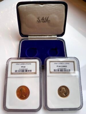 Afrique du Sud – 1956 – Coffret double de pièces de 1 livre et 1/2 livre – avec son étui bleu d'origine de la Monnaie sud-africaine