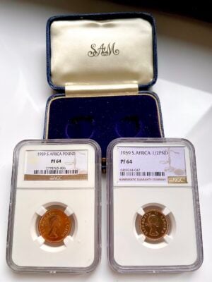 Afrique du Sud 1959, pièce de 25 cents (une livre et demie) à l'effigie de la reine Elizabeth II, en or de qualité supérieure.