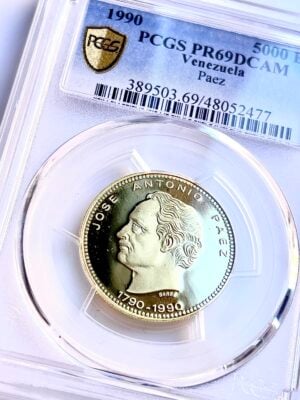 委内瑞拉 - 1990年 - 5000年 玻利瓦雷斯 - 200年 何塞·安东尼奥·帕埃斯 - 金牌 - PCGS PR69 深度客串48052477