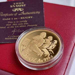 1995 г., регби, Южная Африка, Мандела, монета в золотом футляре с сертификатом подлинности на 1 унцию