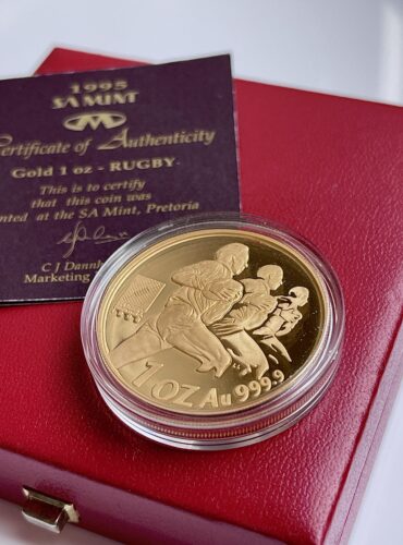 1995 г., регби, Южная Африка, Мандела, монета в золотом футляре с сертификатом подлинности на 1 унцию