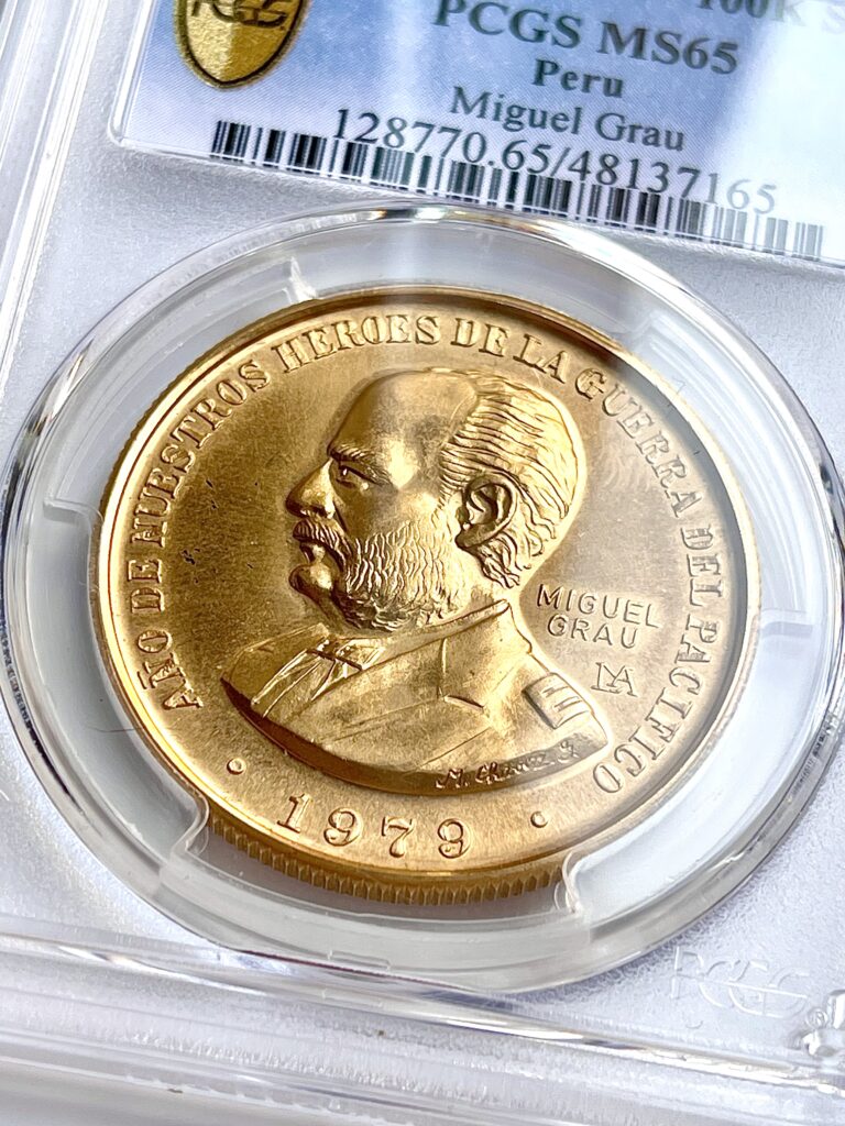 Перу 100 000 подошв Miguel Grey, 1 унция, золото, PCGS MS65, 1979 г.