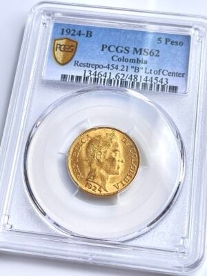 哥伦比亚 1924 5比索 雷斯特雷波 中尉 PCGS MS62 中锋