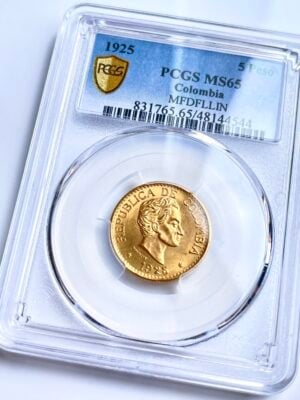 哥伦比亚 1925 5比索 mfdfllin PCGS MS65