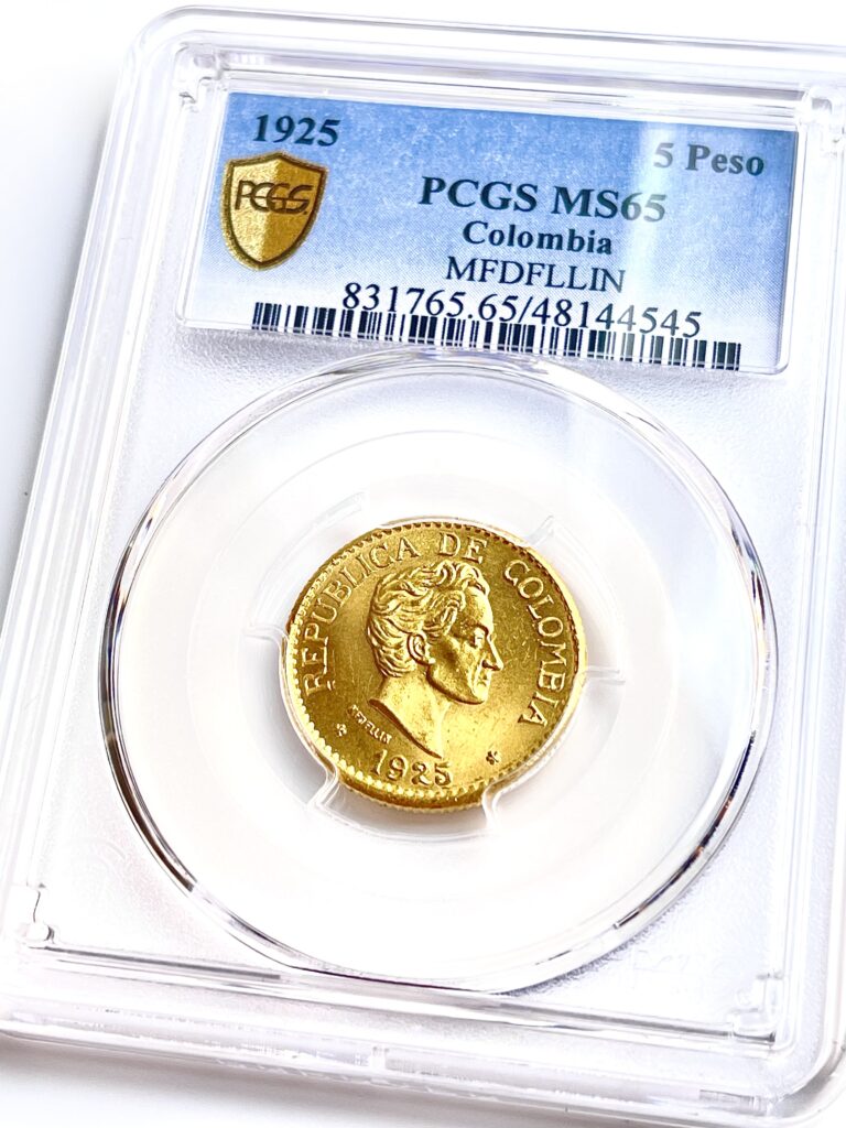 Colombia 1925 5 Pesos mfdfllin PCGS MS65