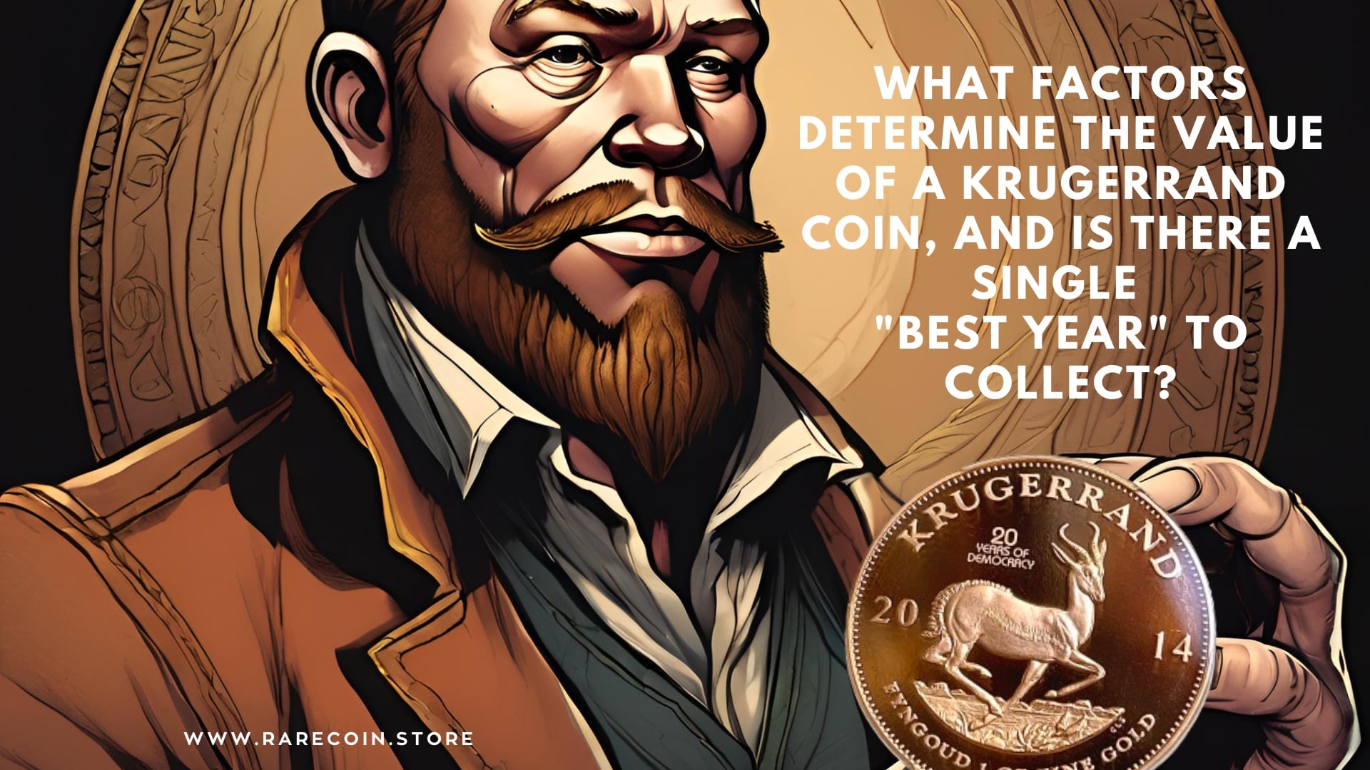 Vintage-style illustration of a man holding a Krugerrand coin, next to it an English headline asking which factors determine the value of a Krugerrand and whether there is a "best year" to collect, with www.rarecoin.store in the bottom left corner.
