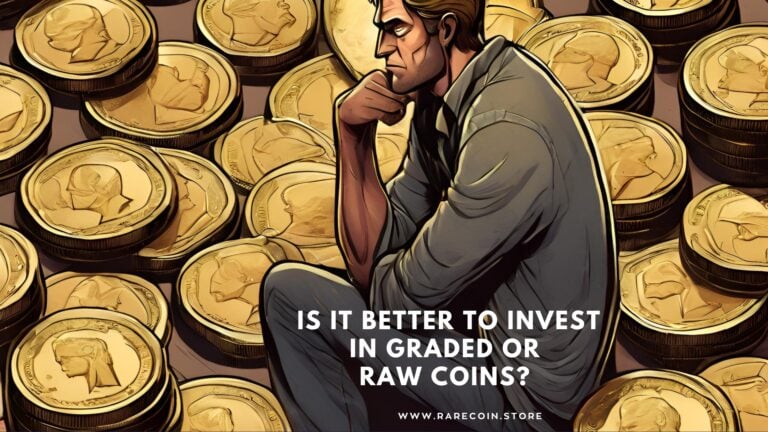 Illustration eines nachdenklichen Mannes im Comic-Stil, sitzend vor einem Hintergrund aus vielen goldenen Münzen, mit dem Text „Is it better to invest in graded or raw coins?“ und www.rarecoin.store unten.