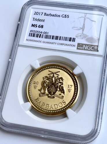 Барбадосская монета Трезубец 2017 года 5 долларов NGC MS68
