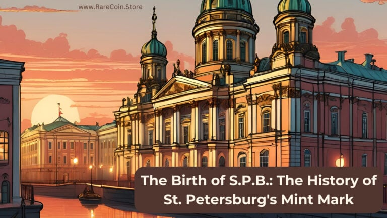 Illustration einer historischen Gebäudeansicht in St. Petersburg bei Sonnenuntergang mit dem Titel „The Birth of S.P.B.: The History of St. Petersburg's Mint Mark“ und www.rarecoin.store