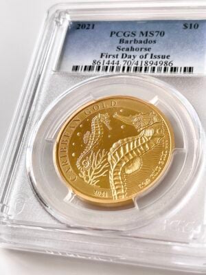Barbados 2021 10 Dollar Seahorse first day of issue PCGS MS70