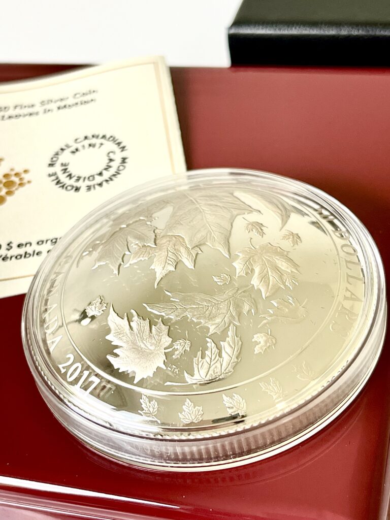Moneta d'argento Proof da 5 once canadese 2017 da 50 dollari di foglie d'acero in movimento