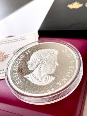 Canada 2019 – Moneta d’argento da 50 dollari con foglia d’acero e icone del Canada (5 once) Moneta d'argento da 5 once, Canada 2019, con foglia d'acero e icone del Canada.