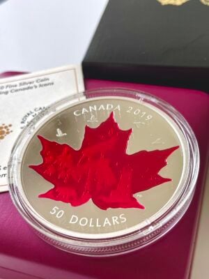 Moneta d'argento da 5 once, Canada 2019, con foglia d'acero e icone del Canada.