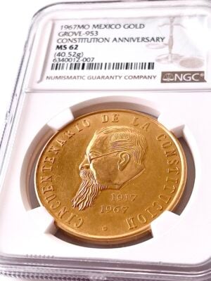 Mexico 1967 50th Anniversary of the Constitution Gold Medal 50 Pesos NGC MS62