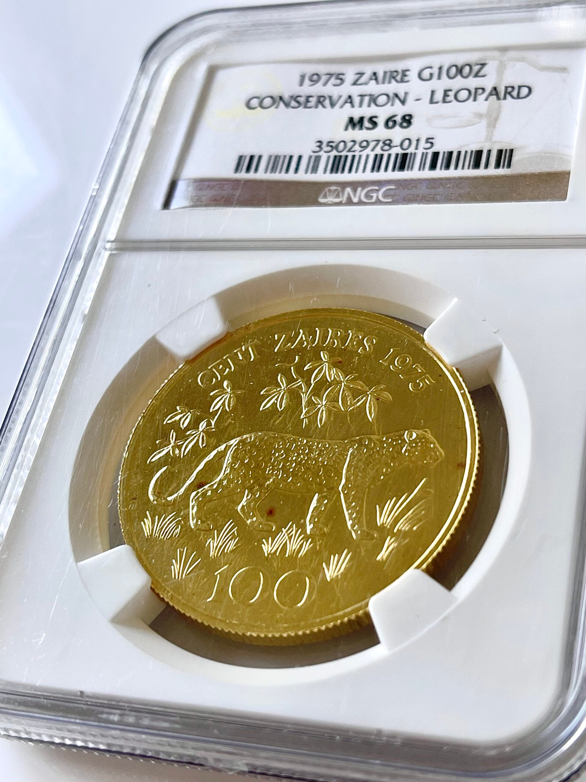 Zaire 1975 100 Zaires Leopard Conservation Gold NGC MS68