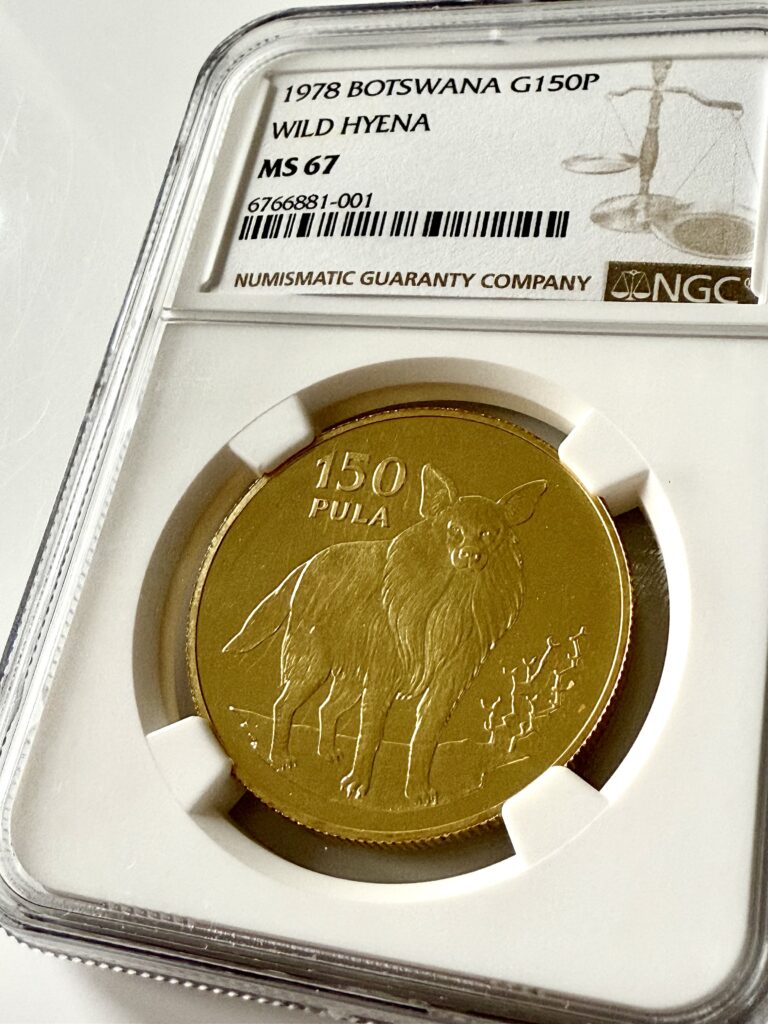 Botsuana 1978 150 pulas Hiena salvaje Oro NGC MS67