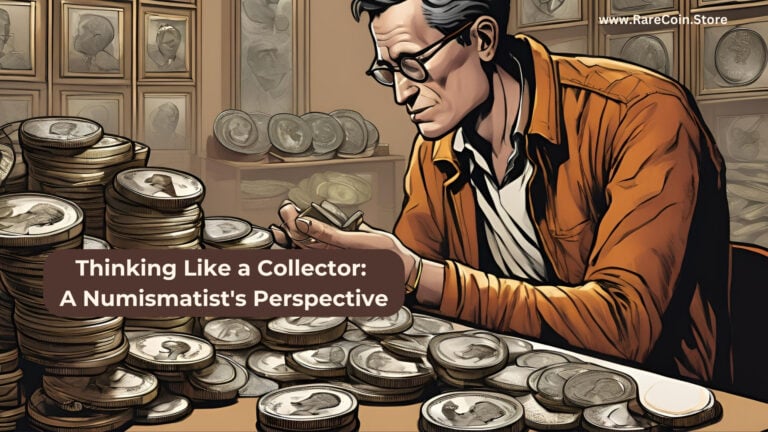 Illustration eines Numismatikers mit Brille, der an einem Tisch Münzen prüft und sortiert, umgeben von Münzstapeln und gerahmten Motiven im Hintergrund, mit dem Titel „Thinking Like a Collector: A Numismatist’s Perspective“ und www.rarecoin.store