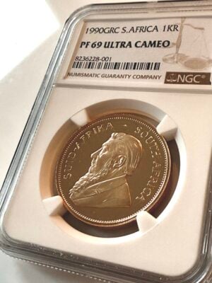Moneda de oro Kruegerand GRC de Sudáfrica de 1990, 1 onza, calidad proof, NGC PF69 UCAM