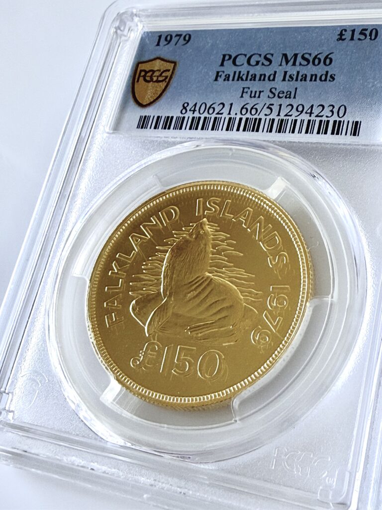 Islas Malvinas 1979 150 libras por oro sellado pcgs ms66