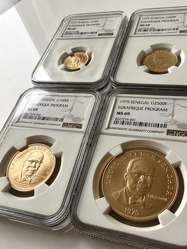 Senegal 1975 Eurafrique Program Leopold Senghor 2oz 4 Muenzen Gold Proof Set NGC MS69