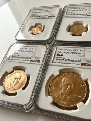 塞内加尔 1975 年 Eurafrique 程序 Leopold Senghor 2 盎司 4 枚硬币精制金币套装 NGC MS69
