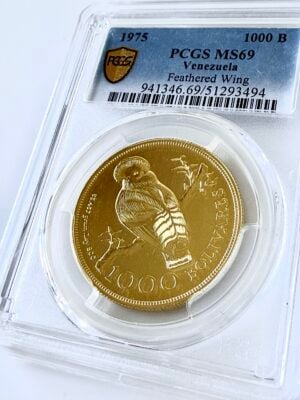 委内瑞拉 1975 1000 玻利瓦尔羽翼 pcgs ms69 coa494
