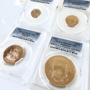 Bahamas 1971 Set di monete d'oro Proof senza marchio di garanzia e classificazione PCGS di finezza
