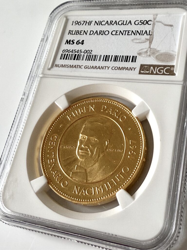 Nicaragua 1967 50 Córdobas Rubén Darío NGC MS64