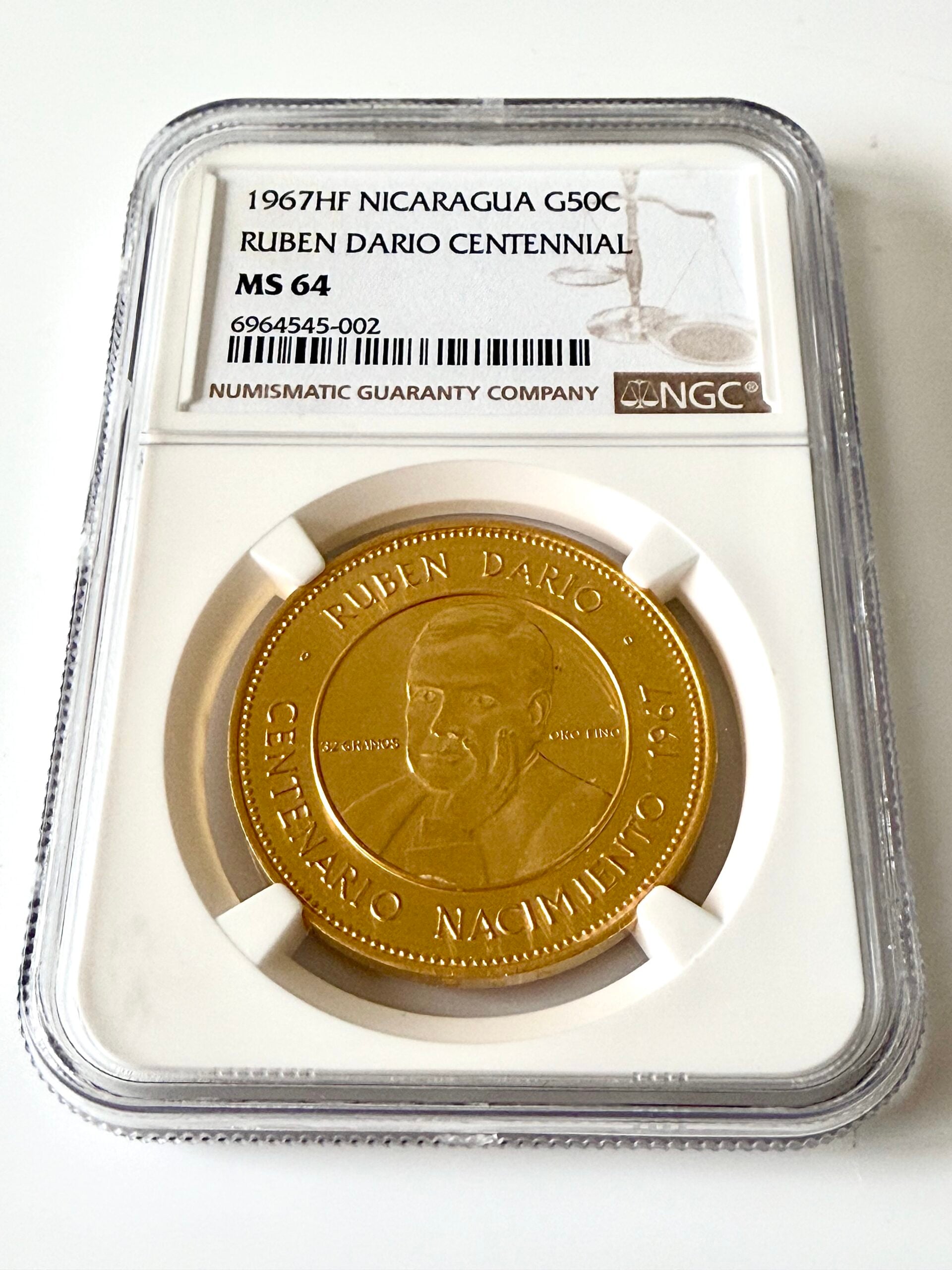 Nicaragua 1967 50 Córdobas Rubén Darío NGC MS64