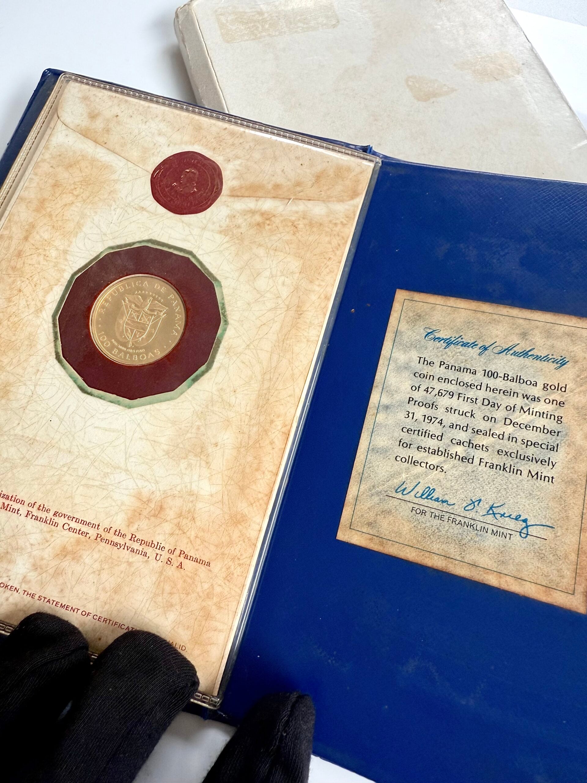 Panama 1975, certificat d'authenticité en or de 100 balboas