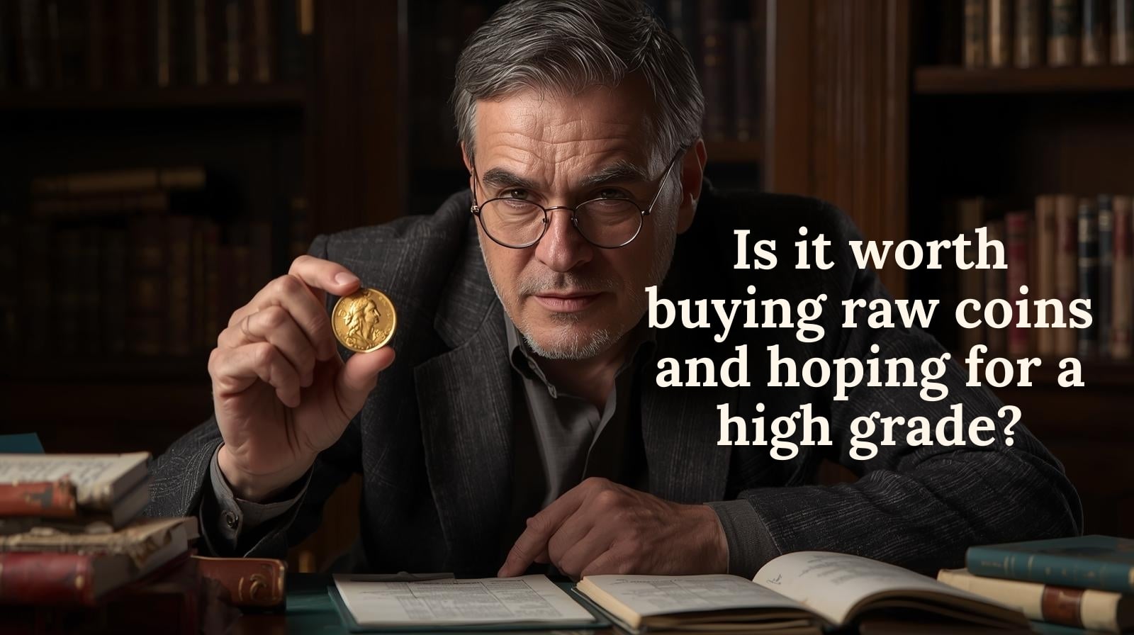 Numismatiker hält eine ungegradete Goldmünze in der Hand und prüft sie kritisch am Schreibtisch – Frage nach dem Risiko beim Kauf von Raw Coins in der Hoffnung auf ein hohes Grading.