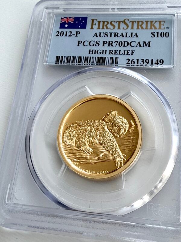 Moneda de oro de 1 oz con alto relieve Koala de Australia 2012, primera impresión PCGS PR70, camafeo profundo