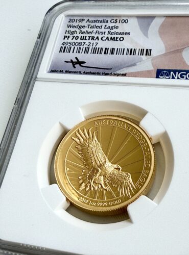 Австралия 2019 года выпускает высокорельефную монету в 1 унцию с клиновидным хвостом и золотым пруфом NGC PF70 Ultra Cameo