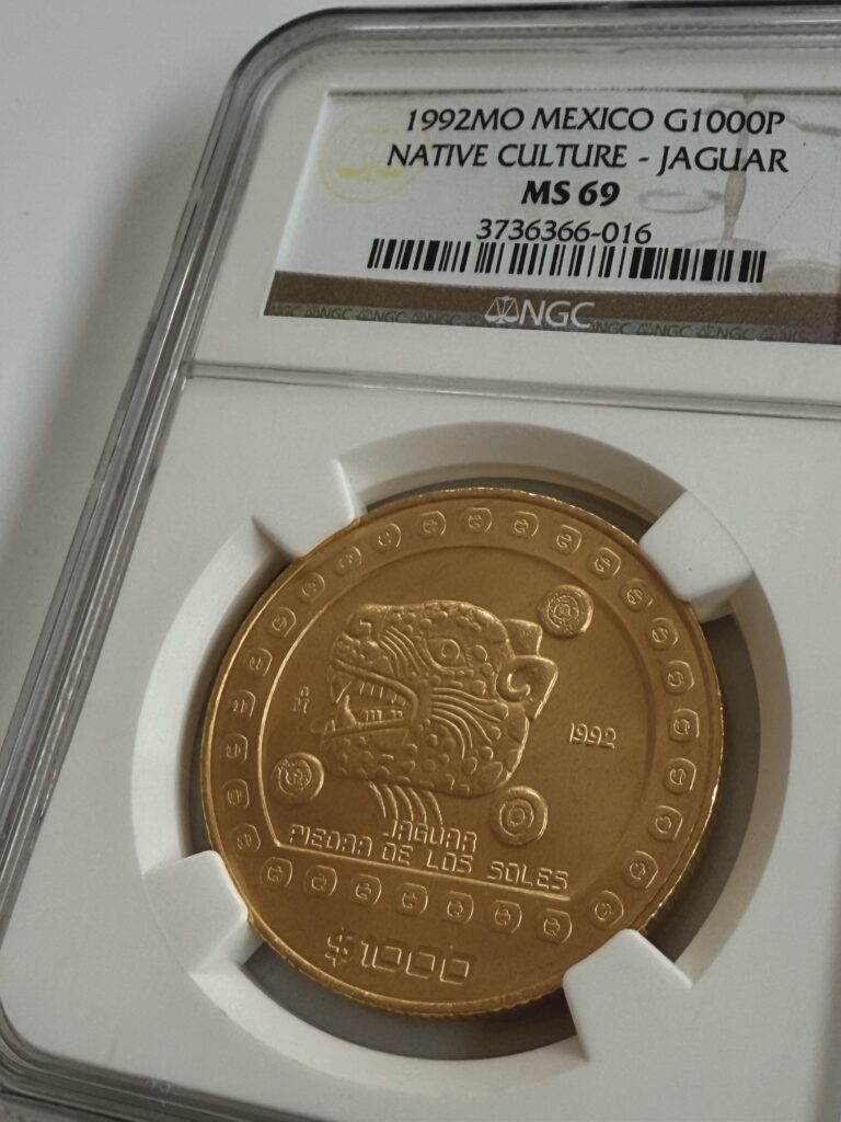 Moneda de oro azteca precolombina de la cultura nativa jaguar de México 1992, 1 oz, NGC MS69