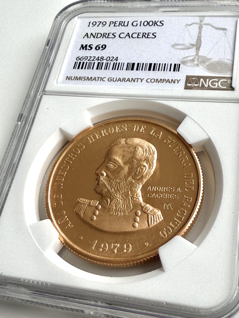 Perù 1979 100000 Soles Andres Caceres 1 oz Oro NGC MS69