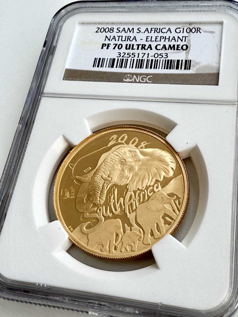 South Africa 2008 Natura Elefant Privy Mark SAM 100 Rand 1oz Gold Proof NGC PF70 UCAM